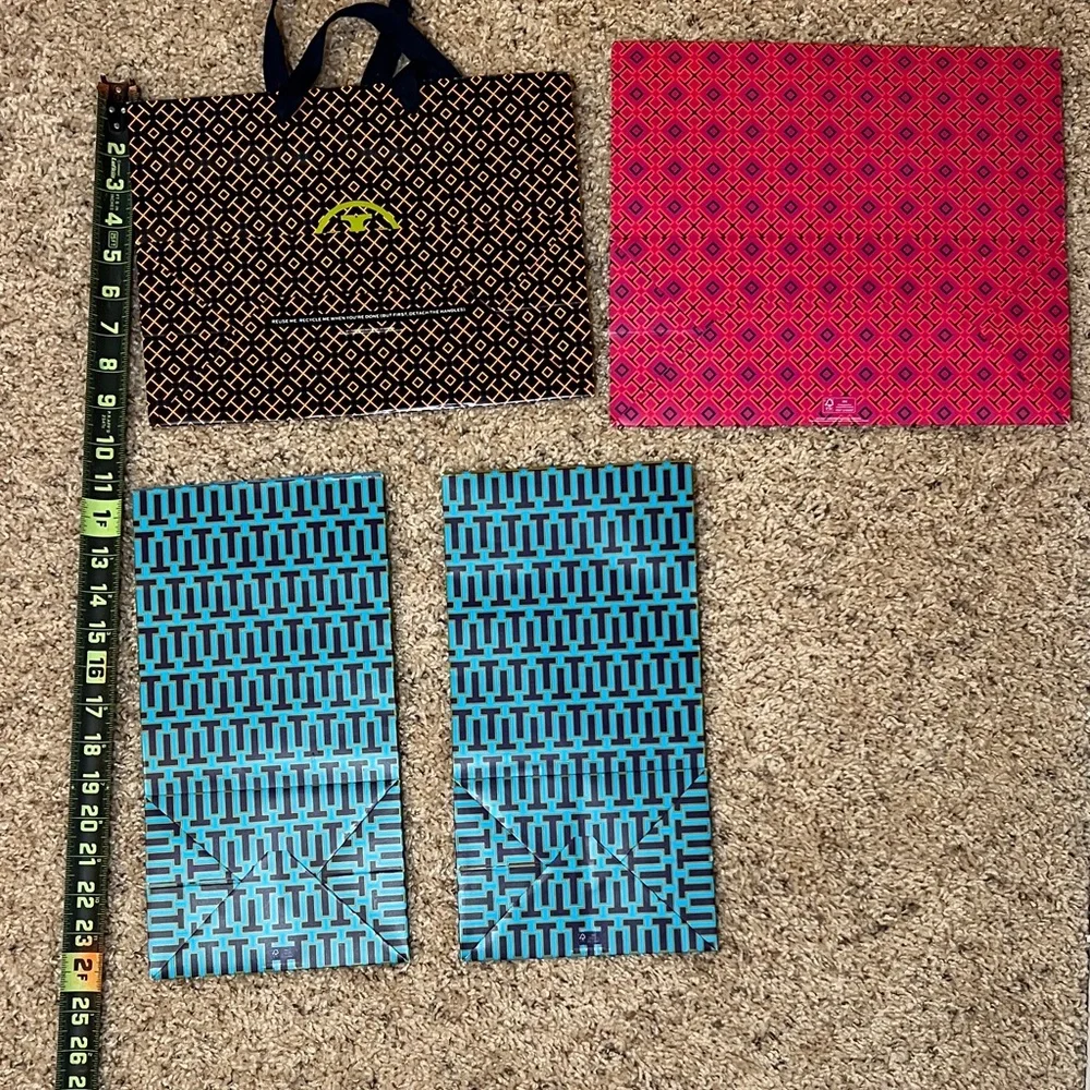 Tory Burch Geometric Shopping Bags in Black, Red, and Blue